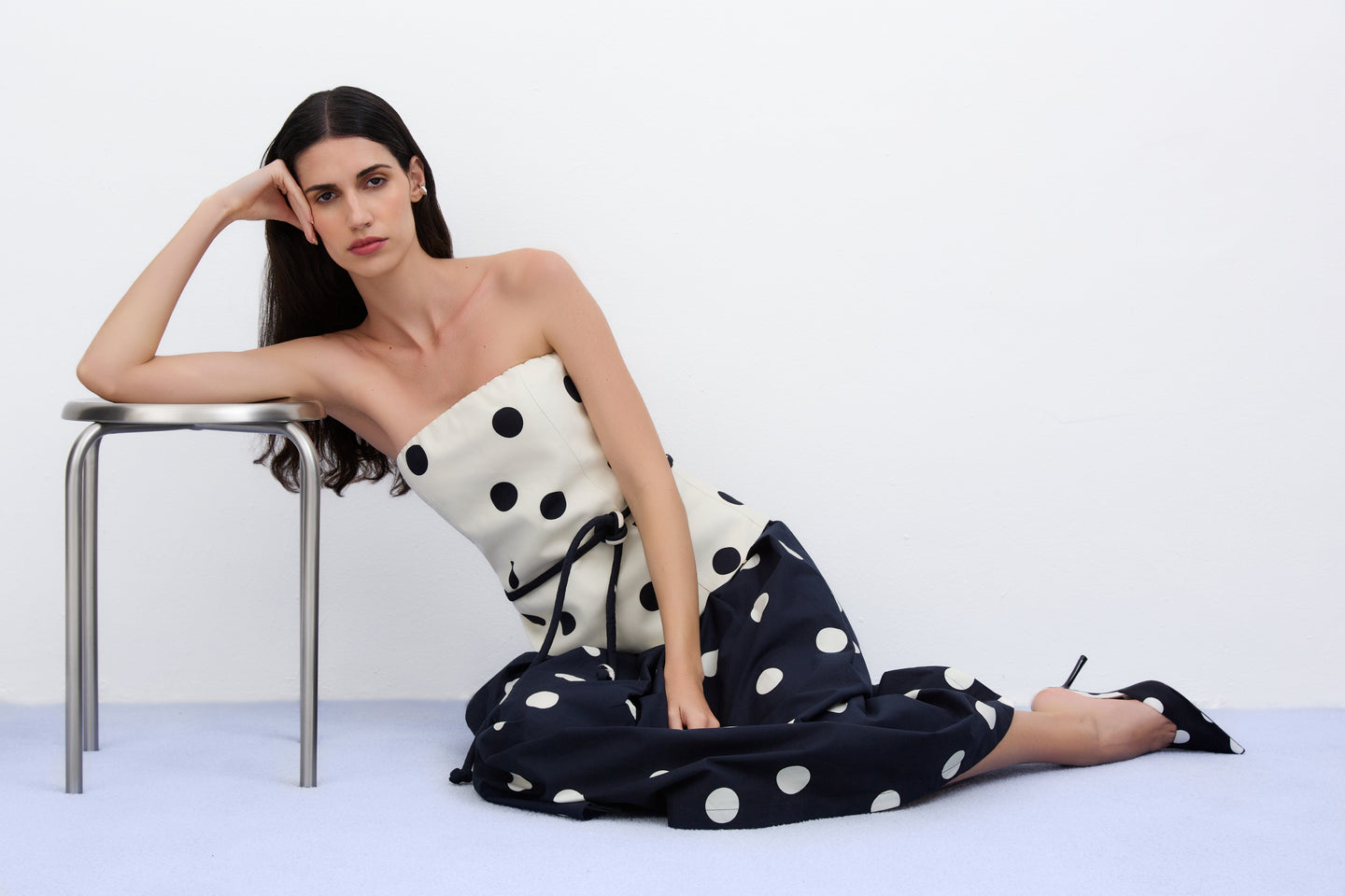 Polka Dot Midi Skirt in Navy