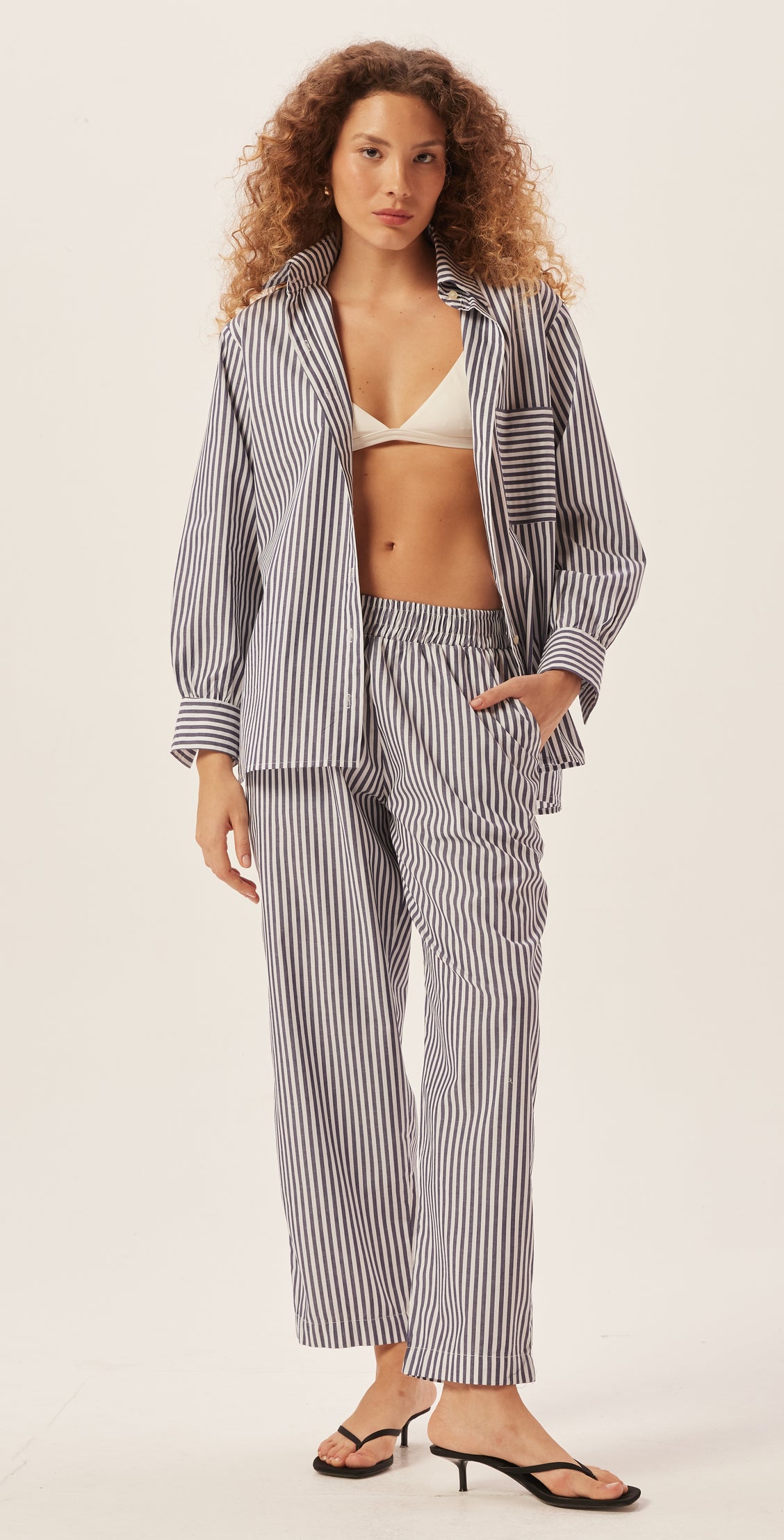 Navy Stripe Cotton Carrot Pants