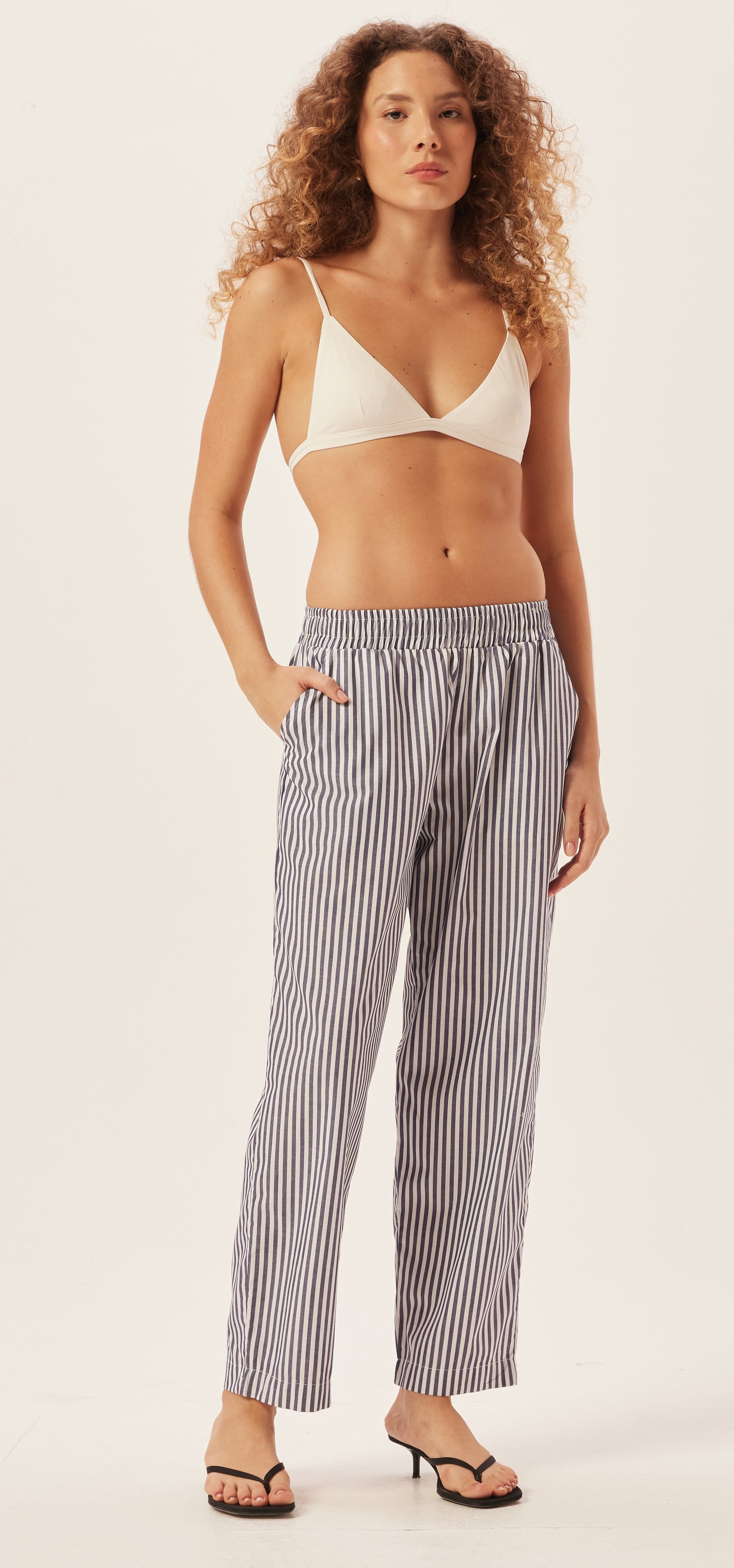 Navy Stripe Cotton Carrot Pants