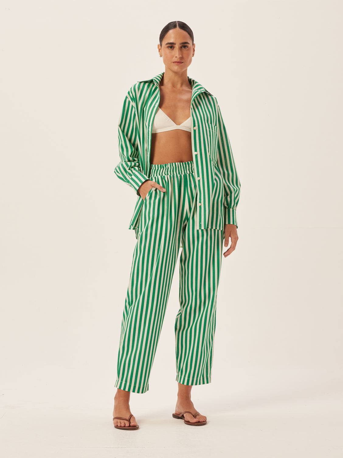 Green Striped Cotton Carrot Pants
