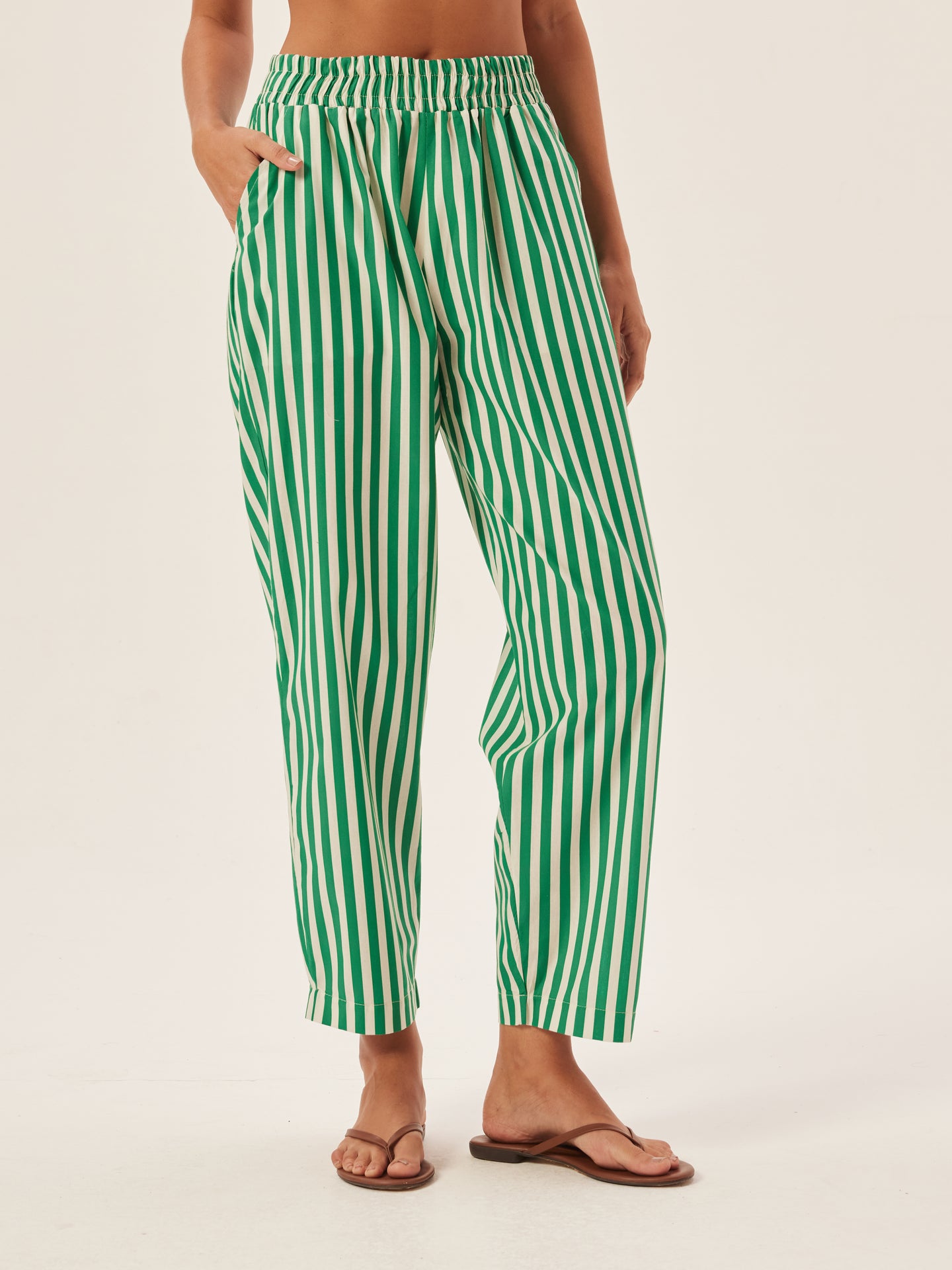 Green Striped Cotton Carrot Pants