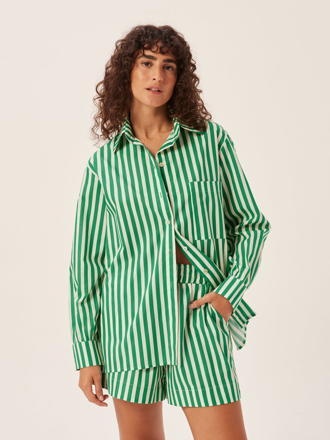Green Striped Cotton Shorts